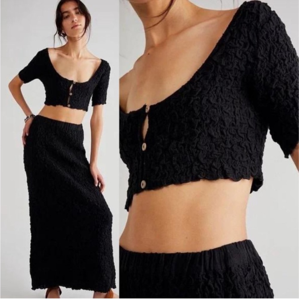 FreePeople double the fun smocked button up crop top & maxi skirt set black